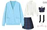 Aqua Blue Cardigan+White High-Waisted+Zhao Qianlan (45cm) with Bow+Calf Socks+Hanger
