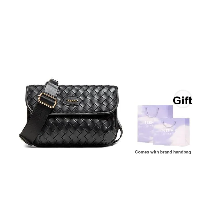 Teenmix Cow Leather Small Square Bag, Crossbody Bag, Shoulder Bag Medium Size Women's Black