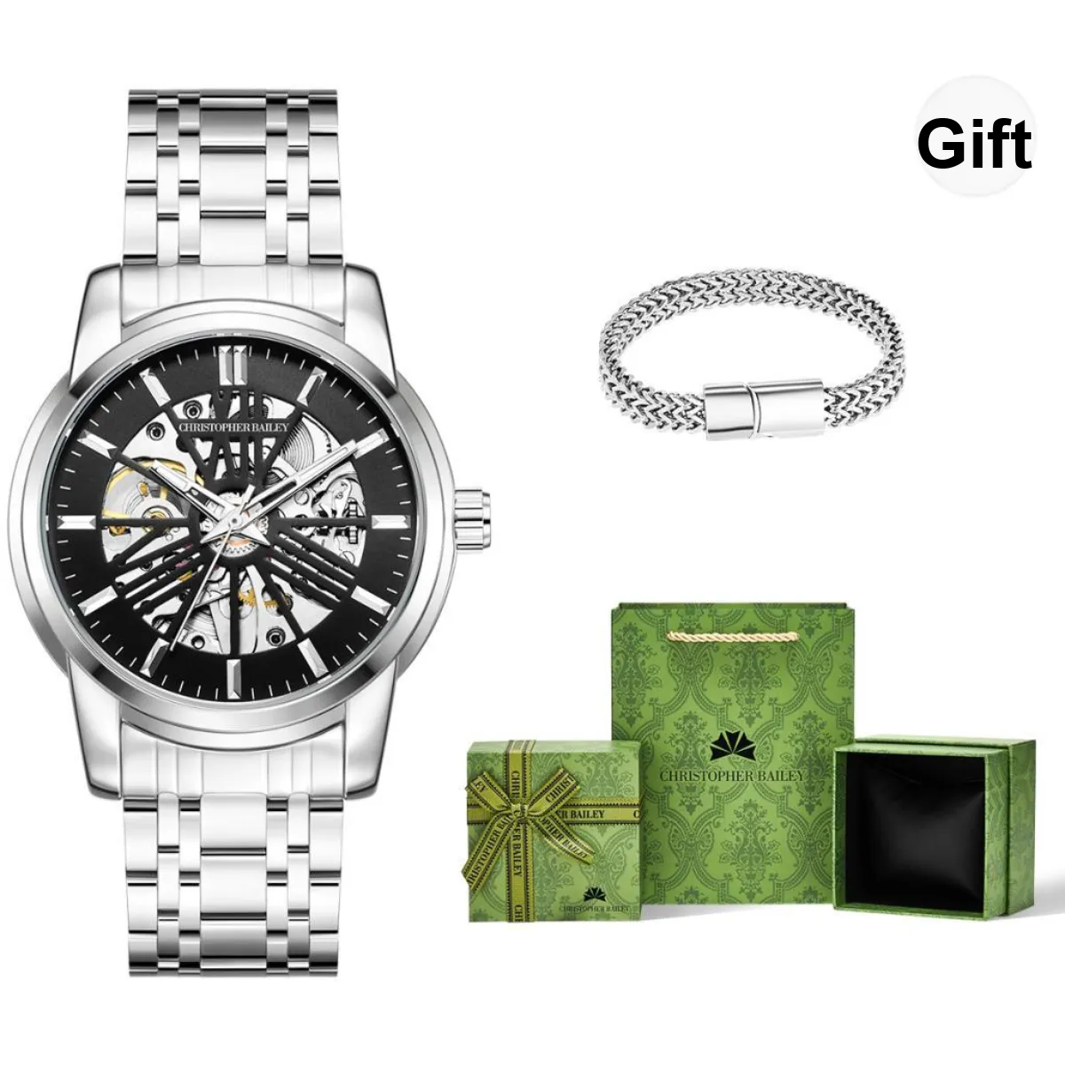 Corriberty Mechanical Movement Stainless Steel Strap Watch Men's Watches Black Dial