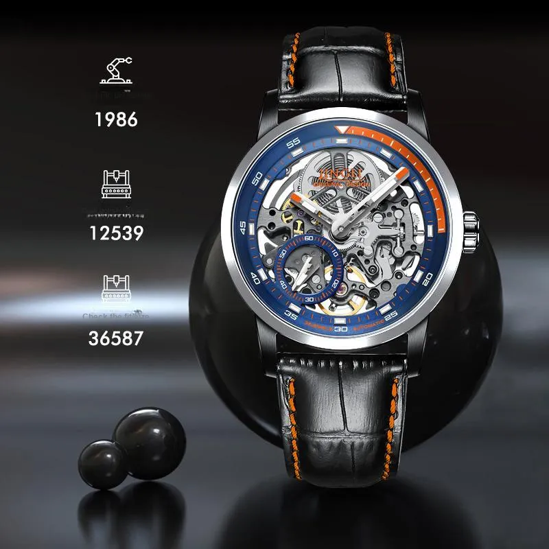 JINLERY Machine Automatic Mechanical Movement Genuine Leather Strap Watch Men's Watches Cut-Out Dial J9033-19