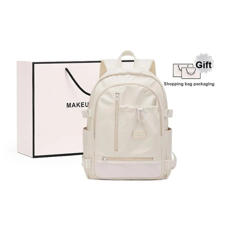MAKEUP KITTEN Nylon Fabric Synthetic Leather Individual Versatile Backpack Large Unisex Ecru