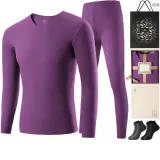 Men's V-Neck Clothing Sets (Grape Purple) with Thermal Fleece/Anti-Bacterial/Comes with 2 Pack Socks