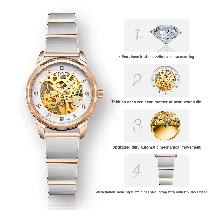 DAYBIRD Mechanical Movement Stainless Steel Watchband Watch Women's Watch Blue Dial-14