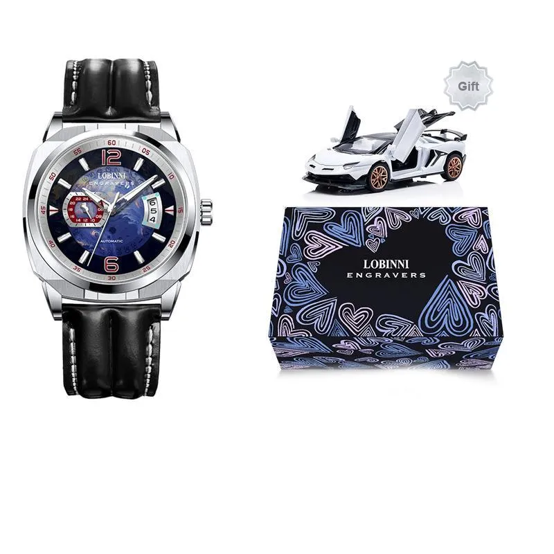 LOBINNI L Automatic Mechanical Movement Genuine Leather Strap Watch Men's Watches Blue Dial-2