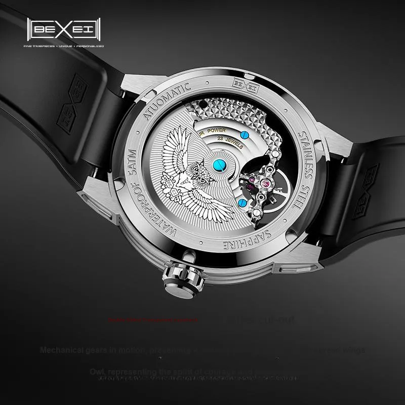 BEXEI Owl Series Illustrated Book Concept Automatic Mechanical Movement Watch Men's Watches Black Dial-4