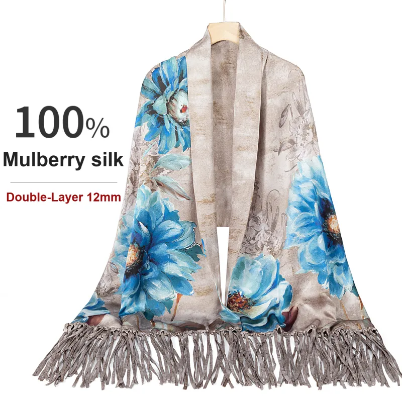 Shanghai Story 100% Mulberry Silk Scarves Women's Luxurious Bloom, Gray Coffee-2