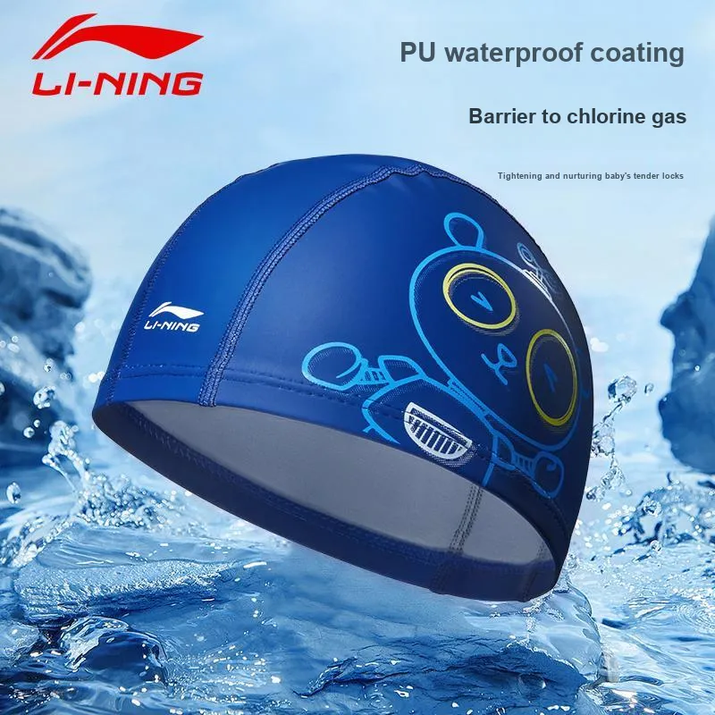 LiNing Fabric-Coated Swim Cap PU Kids' 23-26CM Black Blue-1