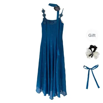 TUSHIFEI Slip Dresses Women's Vintage Blue+Silk Scarf+Hair Tie Comes With