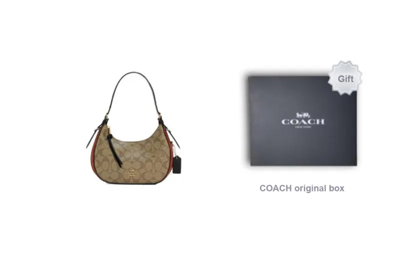 COACH Kleo Canvas With Leather And Suede Shoulder Bag Portable Crossbody Bag Shoulder Bag Women's Khaki/Brick Red-4