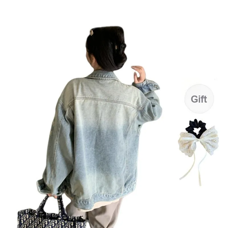 TUSHIFEI Denim Jacket Unisex Blue+Bowknot Hair Tie Comes With-1