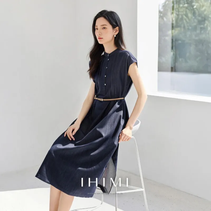 IHIMI Short Sleeved Dress Women's Denim Blue-1