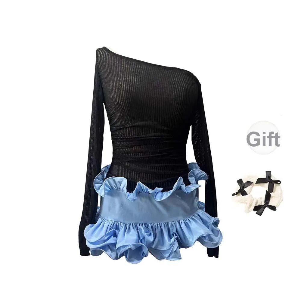 TURN UP Long Sleeved Dress Women's Black And Blue Color Block/Bowknot Hair Tie Comes With