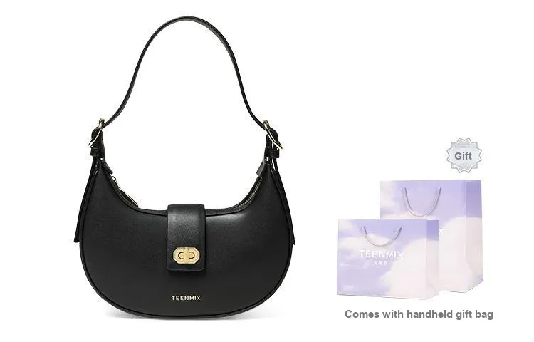 Teenmix Cow Leather Crescent Bag, Shoulder Bag Medium Size Women's Mocha/Black-11