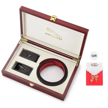 JAGUAR Red Double Buckle Head Top Grain Cow Leather Luxury Business Leather Belts Men's Width: 3.5cm