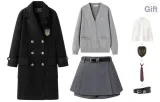 Black Coat+Trouser Skirt, Comes with Cardigan+Shirt+Bow Tie+Belt+Badge