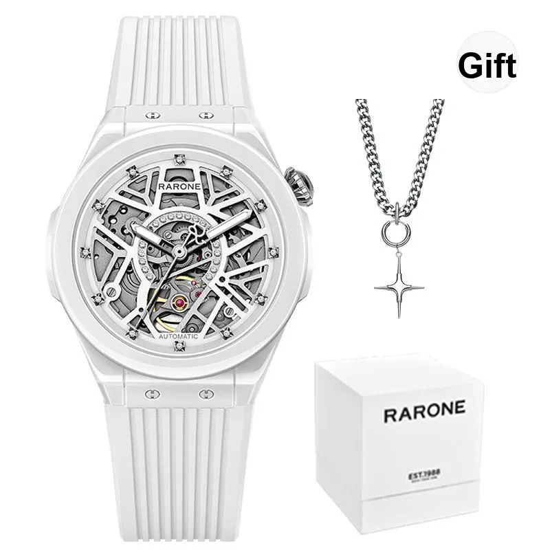 RARONE Gemini Little Twin Stars Q Mechanical Movement Silicone Strap Watch Women's Watch White Dial
