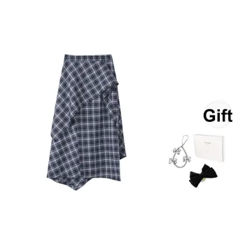 Fstudio Korean Style Irregular Plaid Half Length Casual Long Skirt Women's Navy Blue