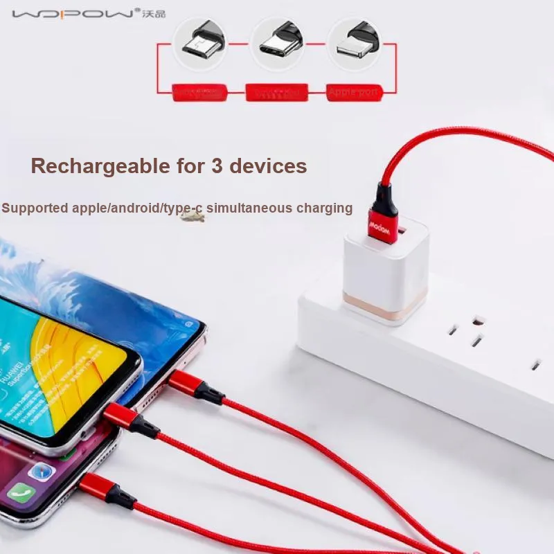 WOPOW LC927 All-in-one Compatible With Apple Huawei Android Car Charger 3-in-1 Woven Charging Cables-2