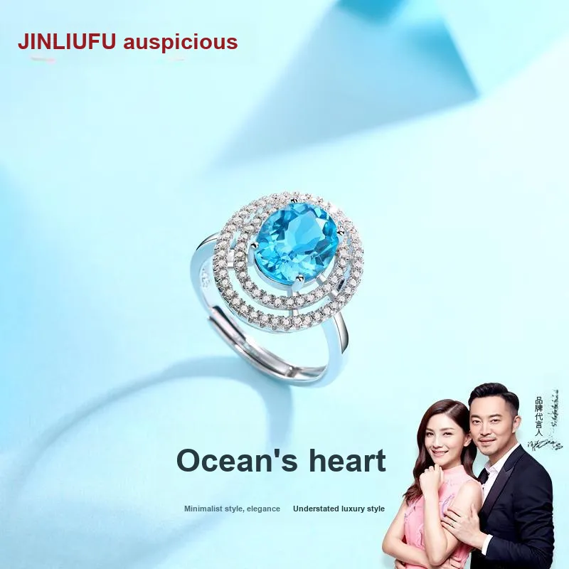 JINLIUFUJIXIANG S925 Silver Sparkling Inlaid Deep Blue Topaz Rings Women's-2