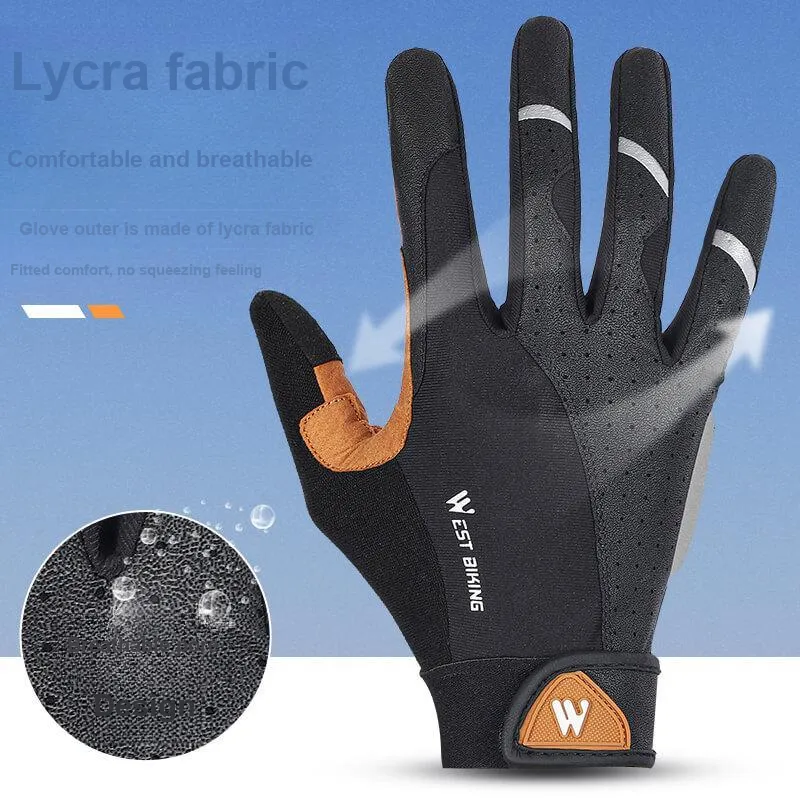 WEST BIKING Riding Equipment Cycling Glove Unisex Lycra Fabric PU Leather Gray Brown-3