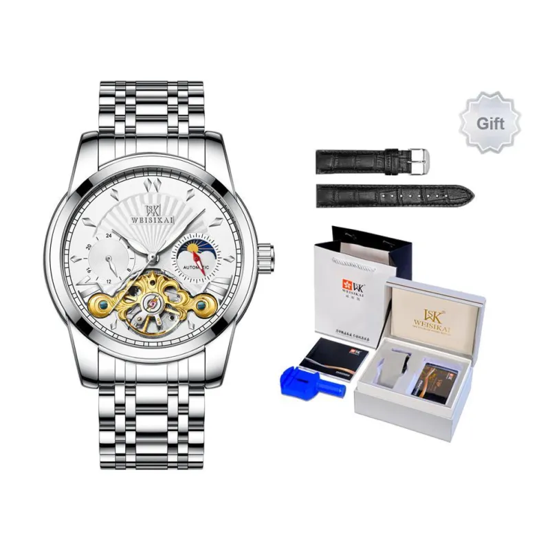 WSK Automatic Mechanical Movement Stainless Steel Watchband Women's Watch White Dial-0