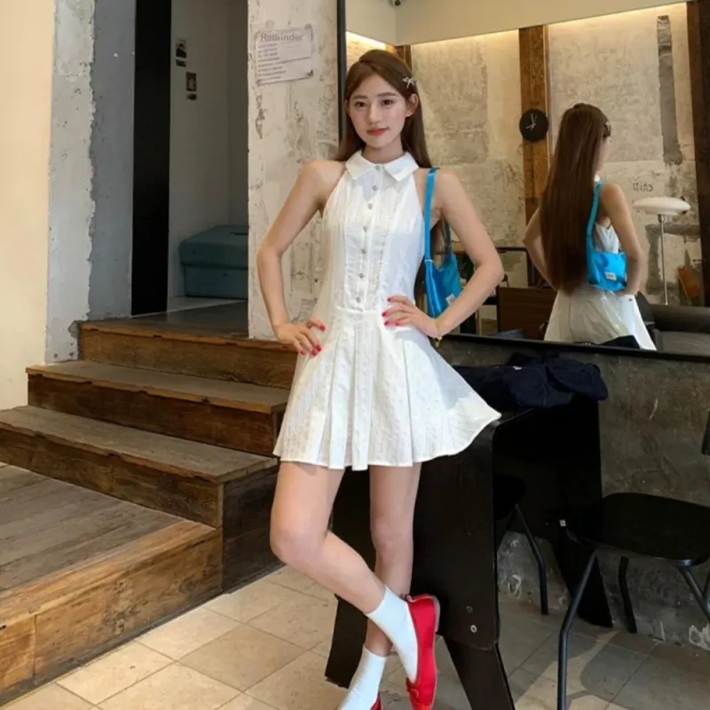 AHDO Sleeveless Dresses Women's White-3