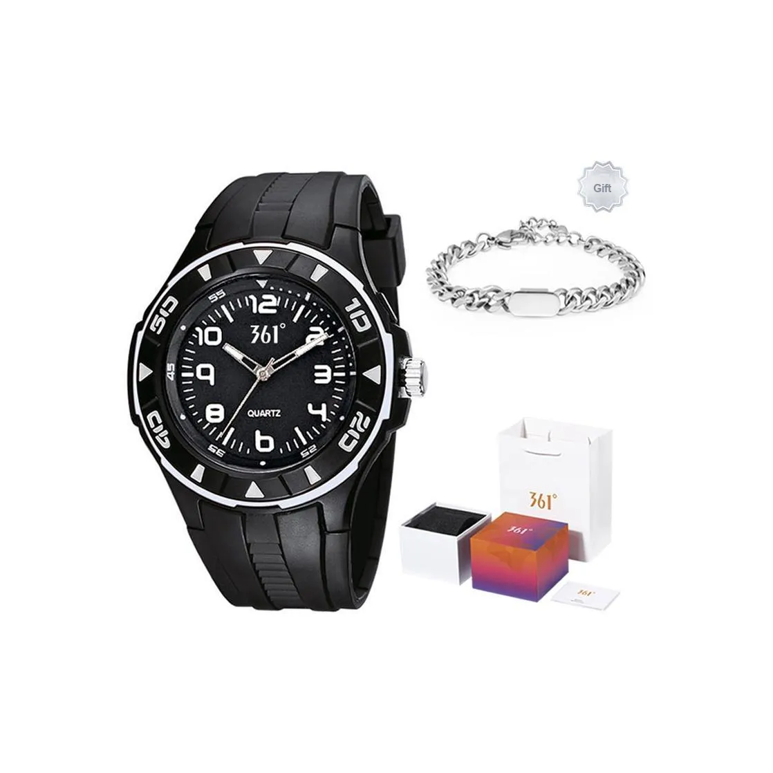 361° Кварцевый механизм Часы Мужские Черный циферблат