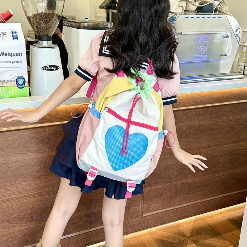 Yalu Nylon Backpack Regular Unisex Green/Pink/Brown-4