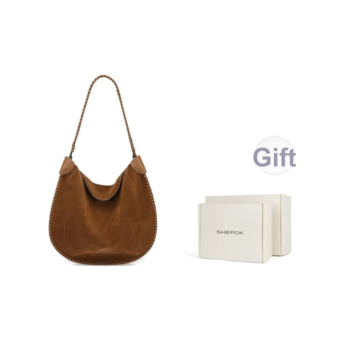 SHEPOK Cow Split Suede Tote Shoulder Bag Crossbody Bag Handbag Women's Velvet Camel Brown/Mountain Walnut Brown