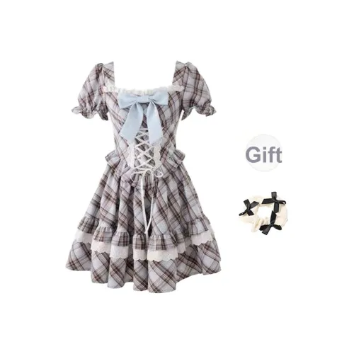 Сине-коричневая клетка + Бант + Резинка для волос + Подарки Женские Короткие Платья с рукавами