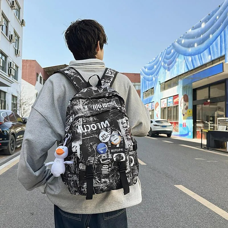 Yalu Nylon Backpack Unisex Black/White/Gray-4