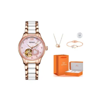 GEMAX Wrist Watch Automatic Mechanical Movement Ceramic Strap Watch Women's Watch Pink Watch Dial