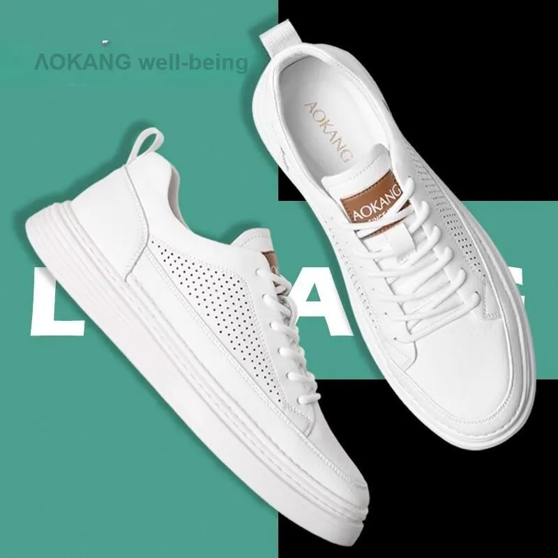 AOKANG Cut Out White Sneakers Breathable Low Top Skateboard Shoes Men's White-3