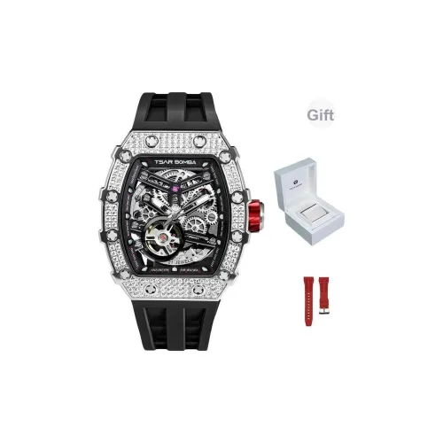 TSAR BOMBA Full Diamond Inlay Эксклюзивная коробка Автоматический механический механизм Силиконовый ремешок Часы Унисекс Черный циферблат