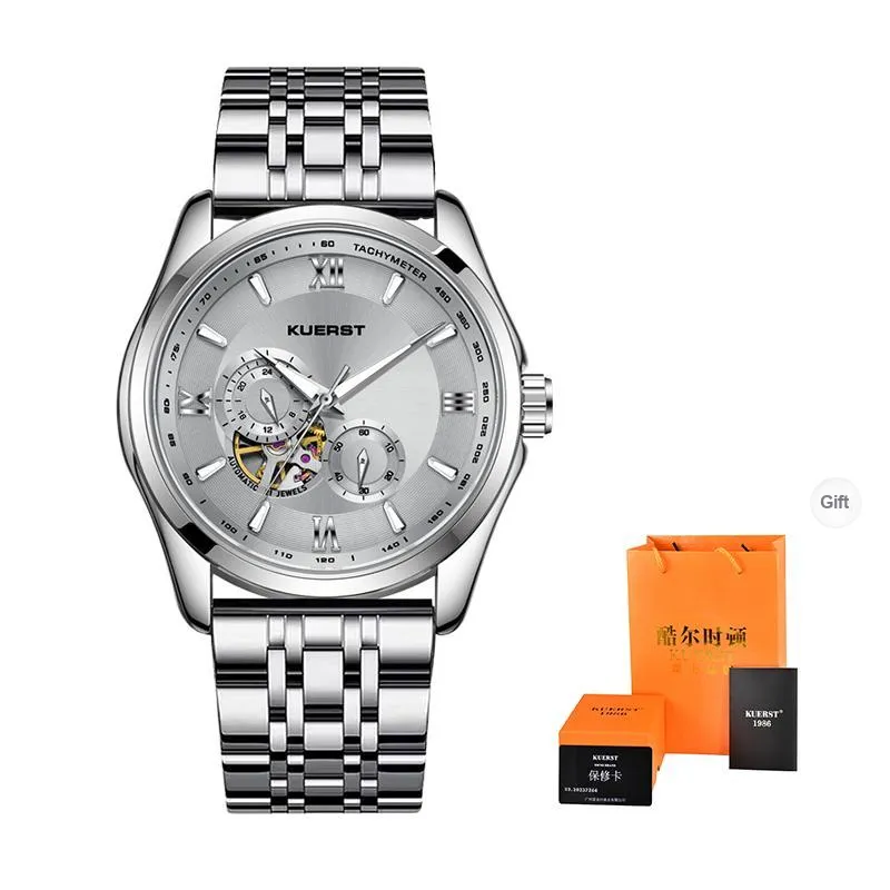 KUERST Automatic Mechanical Movement Steel Strap Watch Men's Watches Black Dial-4