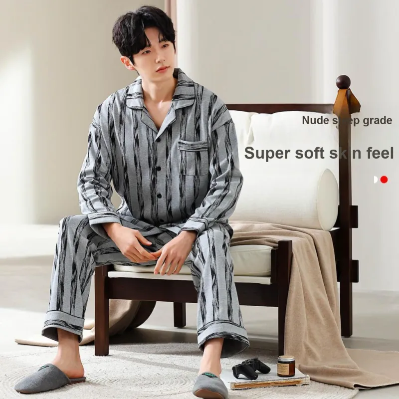 GUJIN Pajama Set Men's 1Gray Stripes-4
