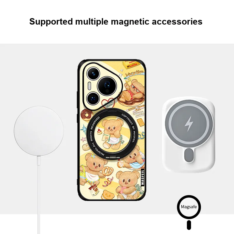 Marsfield Leather Material 360 Rotating Magnetic Stand 'Bear Vacation' Phone Cases Compatibility Huawei P70/70 PRO-4