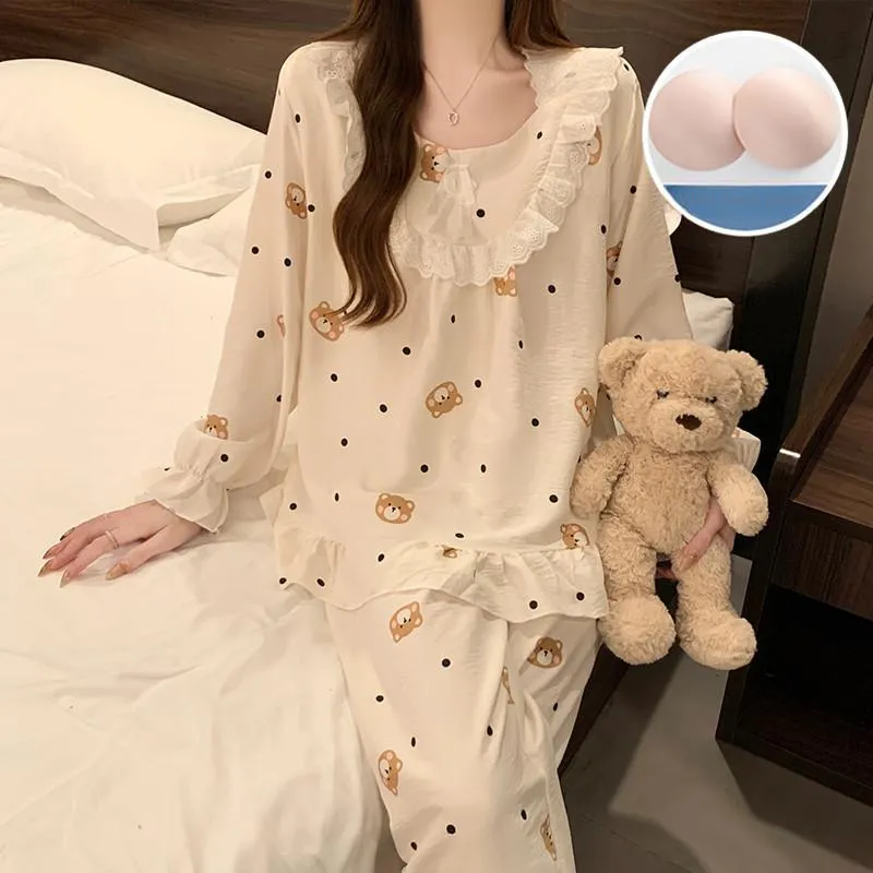 Pretty Lady Pajama Set Women's Apricot Base With Polka Dot-3
