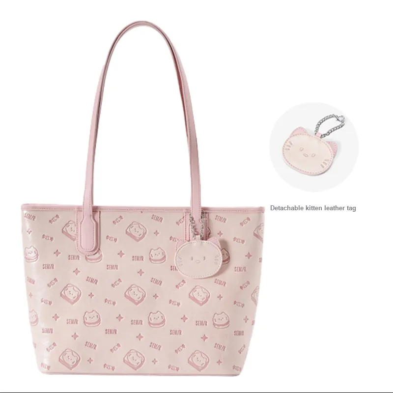 SEM/R Kitten Sketch PU Tote Bag, Shopping Bag, Shoulder Bag Large Size Women's Multicolor-1
