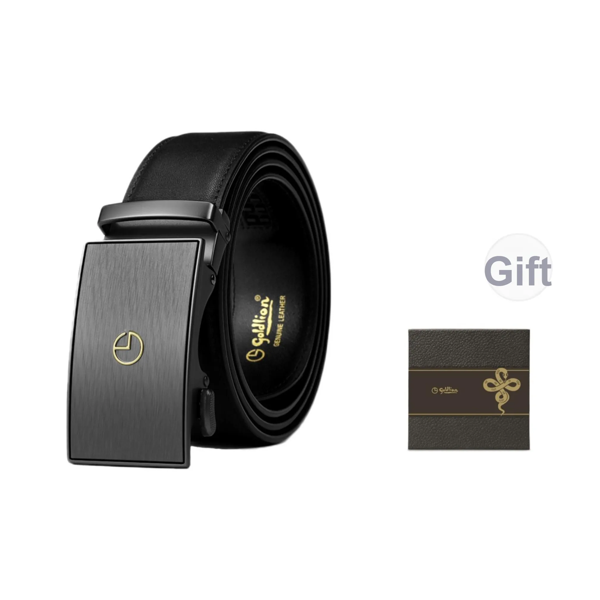 GOLDLION Top Grain Cow Leather Automatic Buckle Belt Men's Black Width 3.5CM