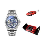 Двойной Opening Lamborghini Подарочная коробка - Серебряный корпус, синий циферблат, серебряный металлический ремешок
