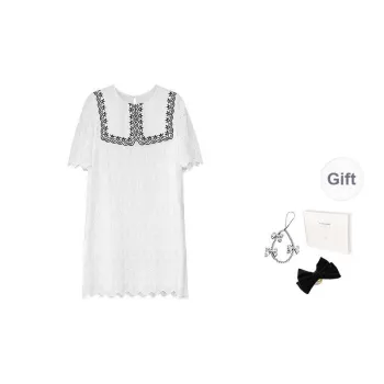 Fstudio Summer Korean Style Lace Cotton Large Lapel Design Short Sleeved Dress Women's