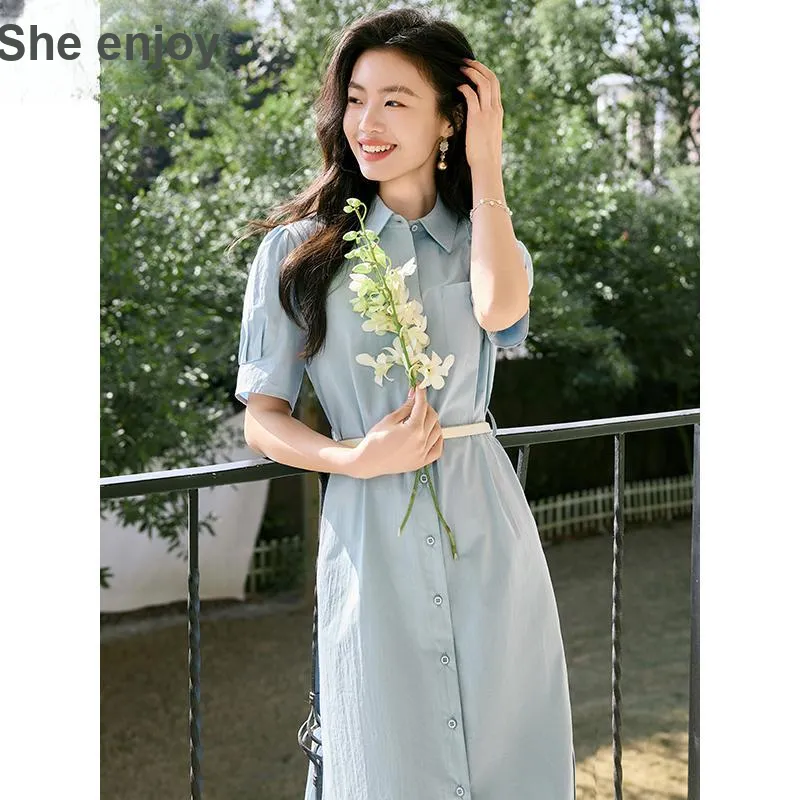 She Enjoys Short Sleeved Dress Women's Light Gray Blue-1