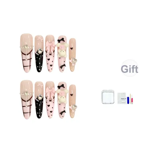 JINGCHANXUE Снег Пудра Медвежонок Ручной Работы Милый False Nail Овал Французский Градиентный Стиль Инстаграм 20мм