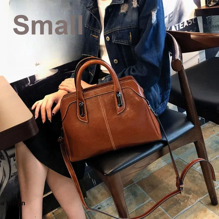 TTaG．baG Oil Wax Cow Leather Shoulder Bag, Crossbody Bag, Handbag Women's Coffee/Black-2