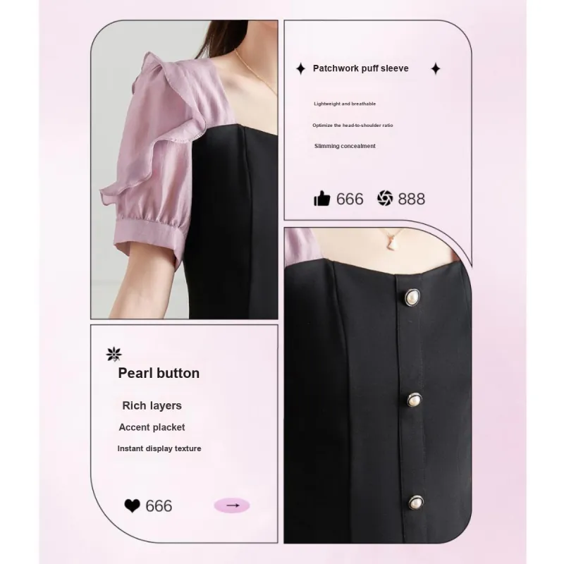 Like The Age Of Water Summer Short Sleeved Dress Slim Fit Women's Black-5