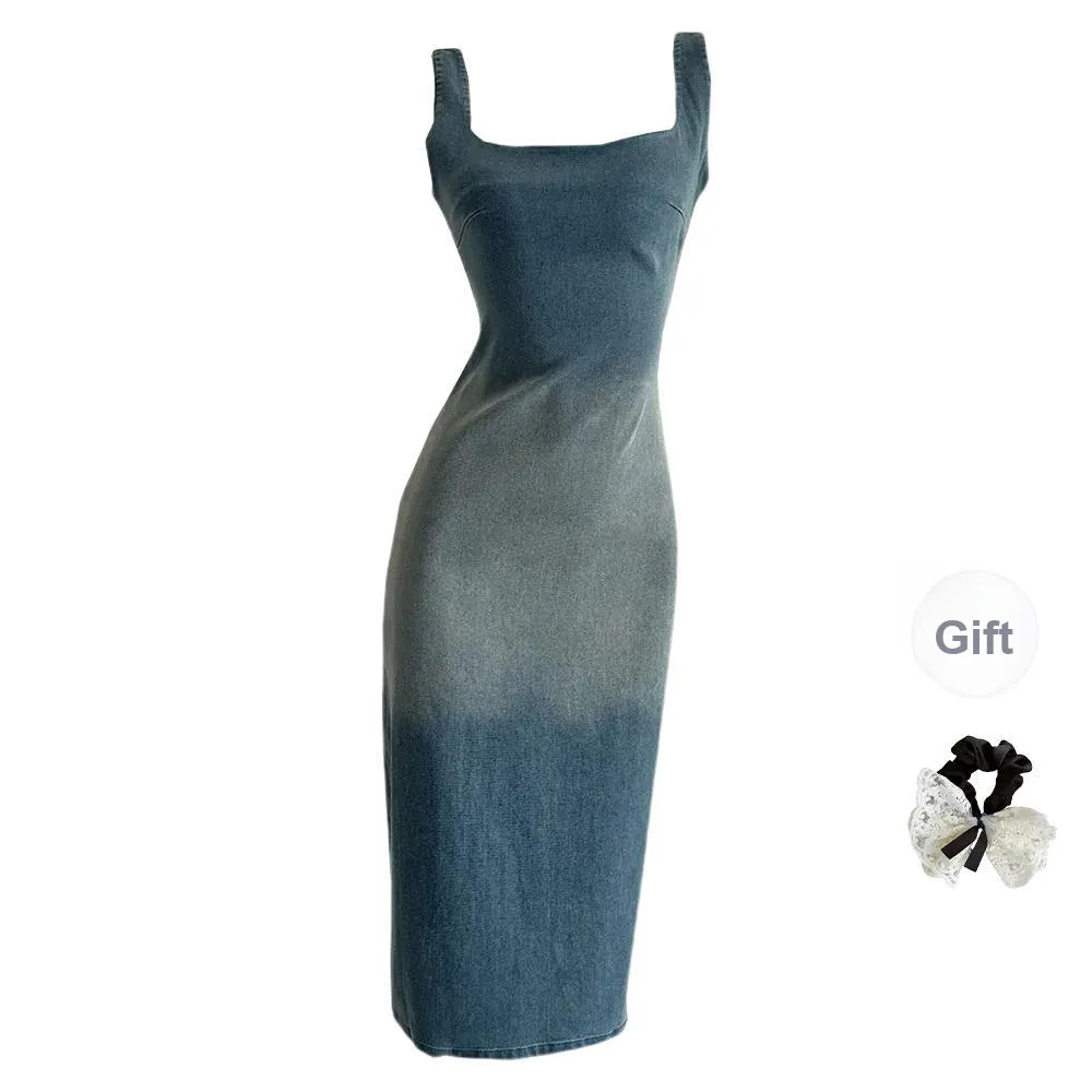 TUSHIFEI Sleeveless Dress Women's Vintage Blue