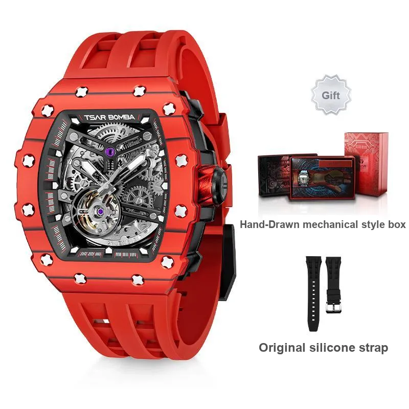 TSAR BOMBA Automatic Mechanical Movement Silicone Strap Watch Men's Watches Black Dial-21