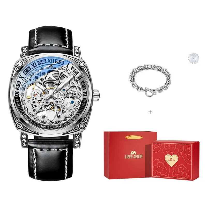 LIBER AEDON Automatic Mechanical Movement Genuine Leather Strap Black Dial Men's Watches-29