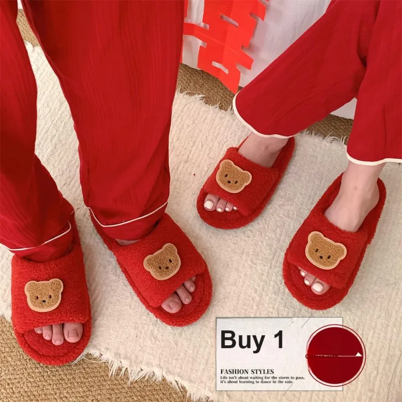 Thin Strips Cotton Slippers Unisex, Red-6